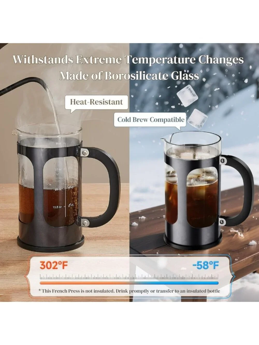 Premium 34oz French Press Coffee Maker - No Plastic, Perfect for Cafe-Quality